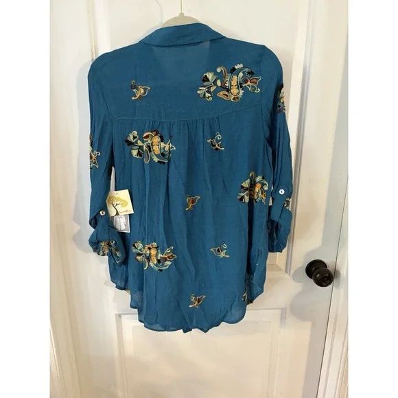 Fig & Flower Embroidered Floral Paisley Roll-Tab Tunic Blouse Turquoise Teal S - Picture 3 of 9